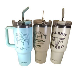 Kerusso 40 Ounce Travel Mugs Stainless Steel Lot Of 3 Blue Tan Gray Religious